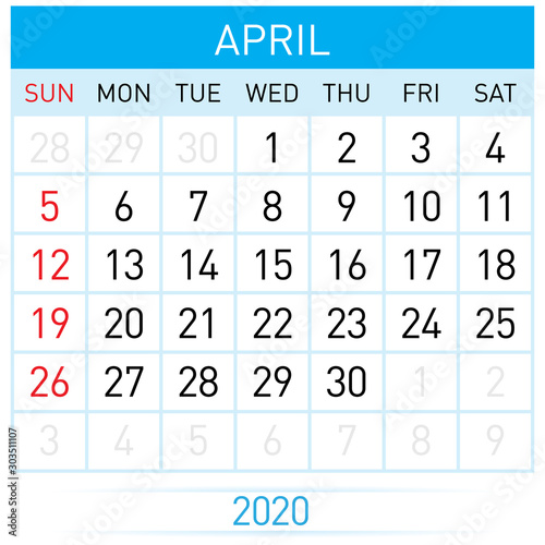 April Planner Calendar. Illustration of Calendar in Simple and Clean Table Style for Template Design on White Background. Week Starts on Sunday