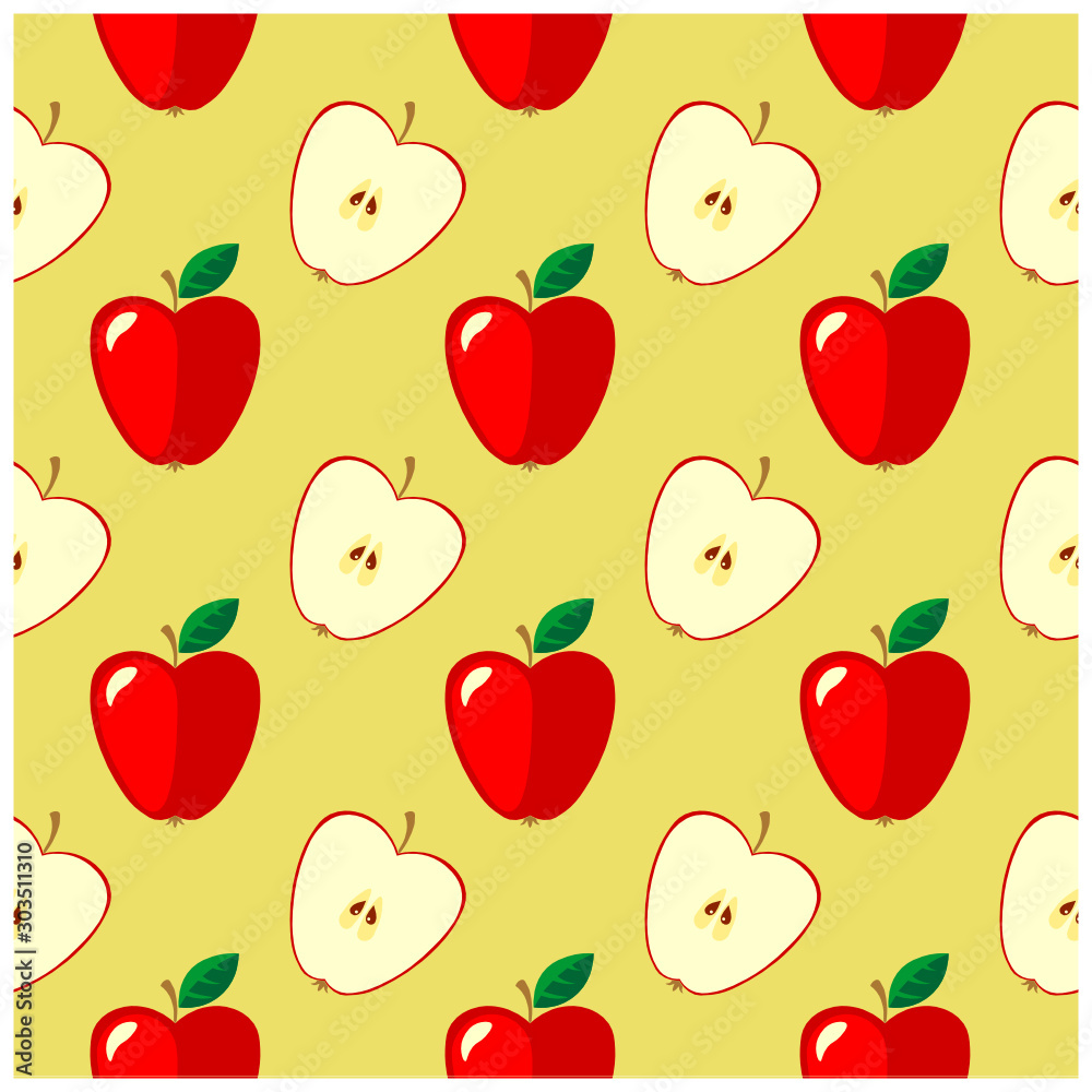 Seamless red apples pattern on yellow background. vector illustration background design Seamless red apples pattern on yellow background. vector illustration background design