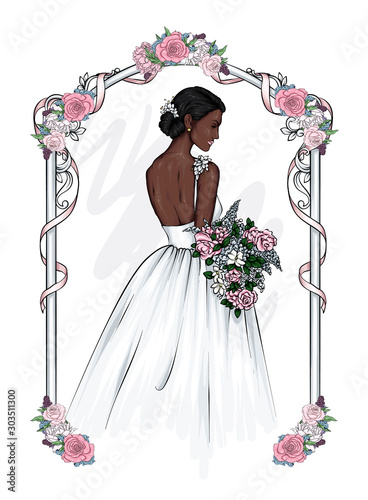 The bride in a suit and the bride in a wedding dress near a flower arch. Vector illustration for a postcard or a poster. Love and wedding.