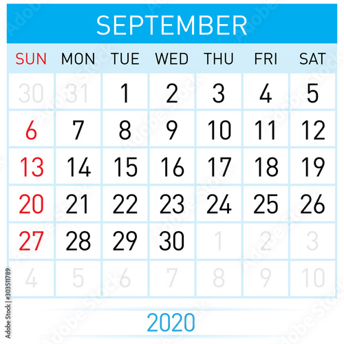 September Planner Calendar. Illustration of Calendar in Simple and Clean Table Style for Template Design on White Background. Week Starts on Sunday
