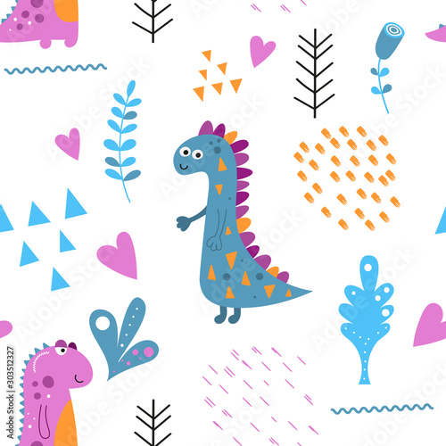 Childish seamless pattern with hand drawn dinosaurs in scandinavian style. Vector Illustration. Kids illustration for nursery design. Dino style trendy for baby clothes, wrapping paper.