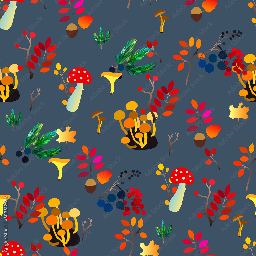 Autumn vector seamless pattern with berries, acorns, pine cone, mushrooms, branches and leaves. Autumn vector seamless pattern with berries, acorns, pine cone, mushrooms, branches and leaves.