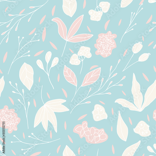 Floral vector seamless pattern with flowers, leaves and berries. Beautiful hand drawn flowers in light pastel colors in vintage style.