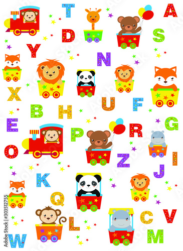 Fototapeta Naklejka Na Ścianę i Meble -  kids alphabet print with cartoon colored animals and stars on a white background