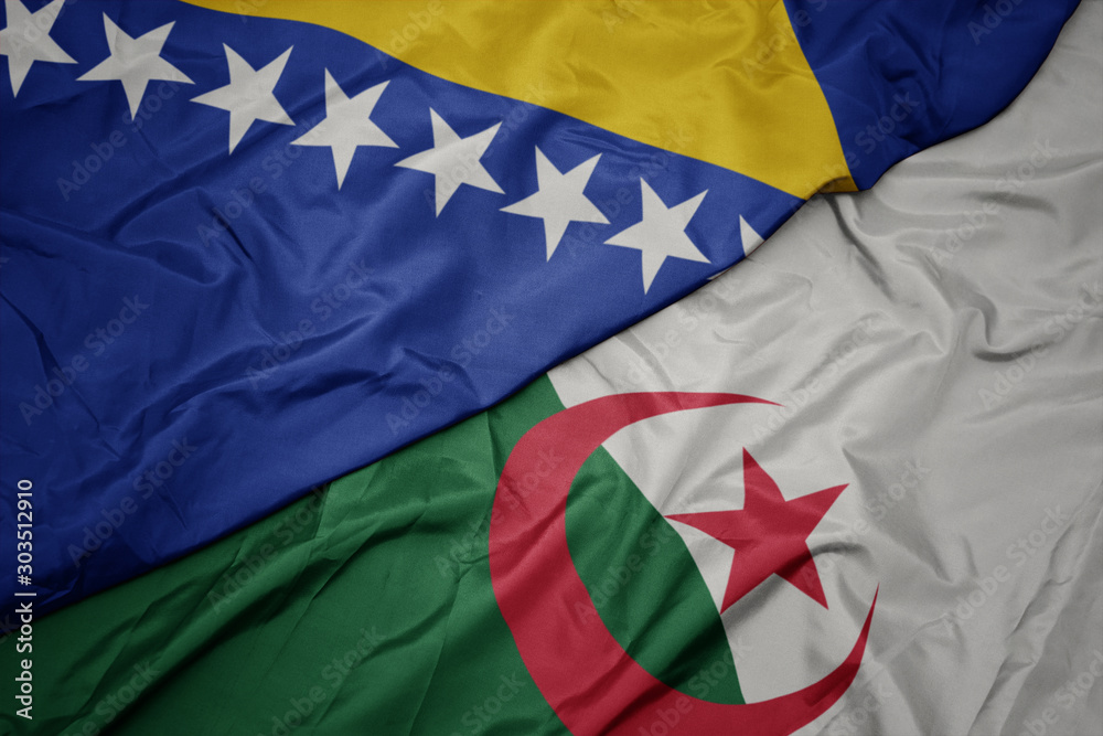 waving colorful flag of algeria and national flag of bosnia and herzegovina. waving colorful flag of algeria and national flag of bosnia and herzegovina.