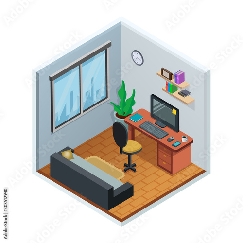 Isometric interior home office room concept design