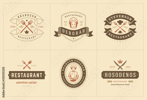 Restaurant logos templates set vector illustration good for menu labels and cafe badges