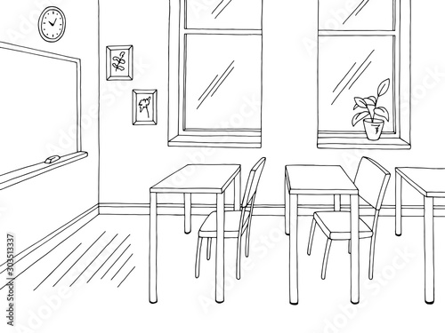 Classroom graphic black white school interior sketch illustration vector