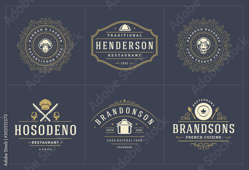 Restaurant logos templates set vector illustration good for menu labels and cafe badges