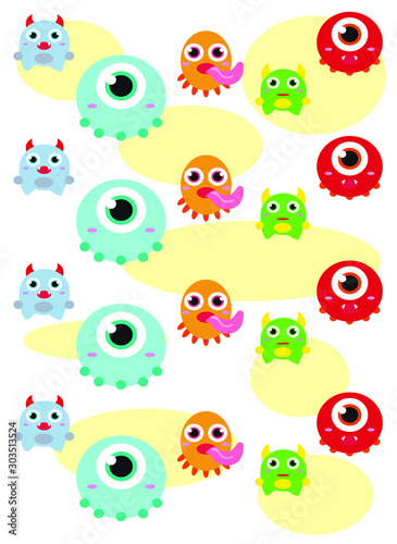 children's cartoon pattern with colored monsters on a white background