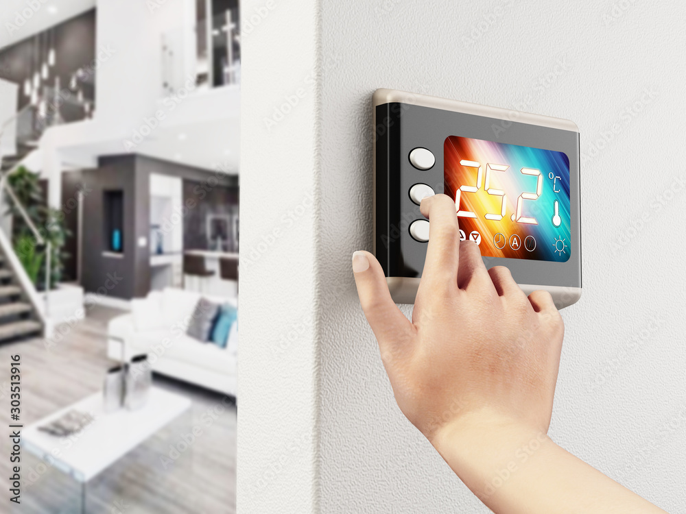 Hand adjusting room temperature using a digital thermostat screen. 3D illustration Hand adjusting room temperature using a digital thermostat screen. 3D illustration