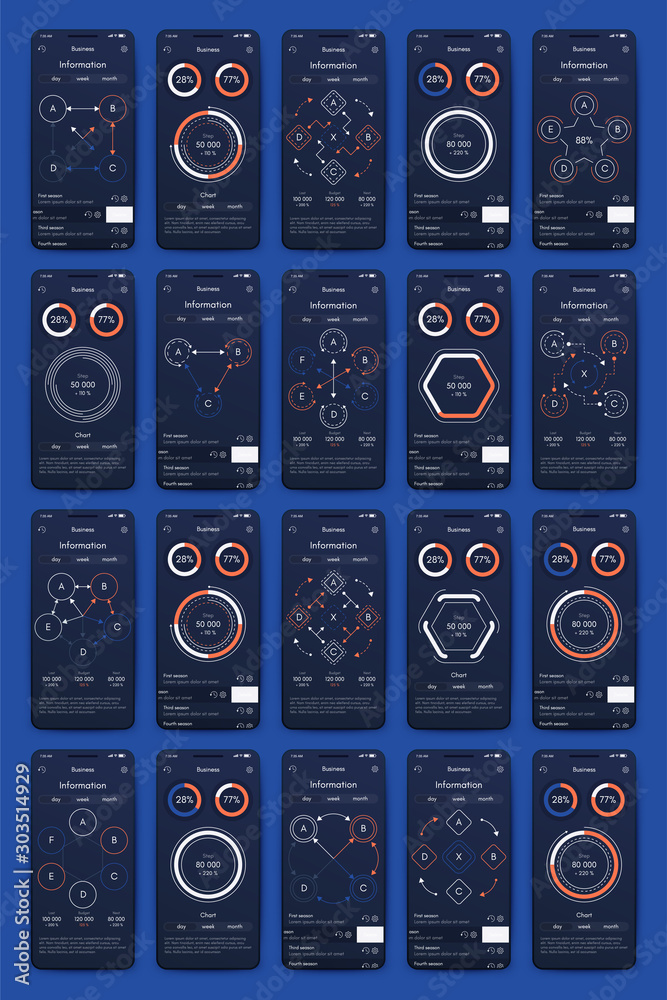 Obraz premium Modern infographic vector elements for business brochures. Use in website, corporate brochure, advertising and marketing. Pie charts, line graphs, bar graphs and timelines.
