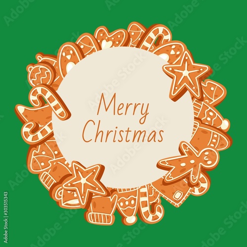 Christmas banner made of gingerbread cookies vector illustration. Traditional Christmas homemade gingerbread man sweets in circle wreath. Best for sweets shops and cafe.