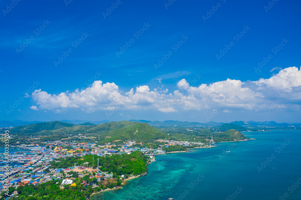 Panorama view of fishing village around the island in Sattahip city, Thailand.