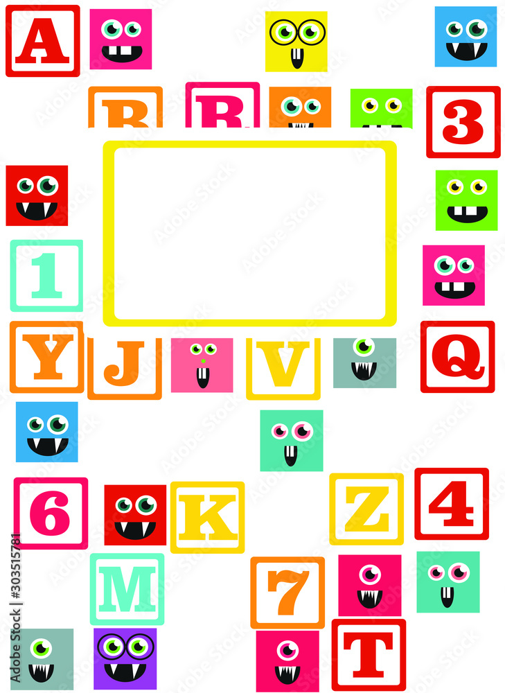 kids alphabet prints with square colored monsters with copy space kids alphabet prints with square colored monsters with copy space
