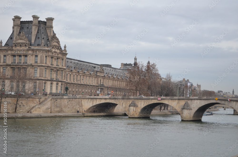Bridge over the seine Paris grey overcast rainy day 