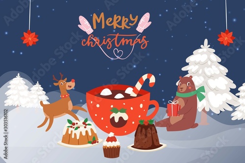 Christmas Party in the winter forest with cartoon reindeer, bear in scarf and christmas cakes, sweets and mug of hot chocolate. Winter fairy tale party in snowy forest.