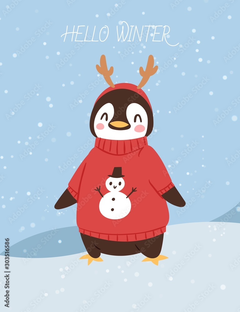 Snow sticker set with cartoon penguins snowman Vector Image