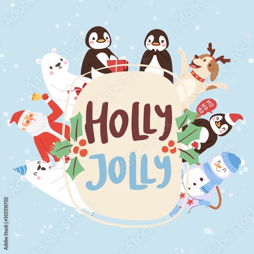 Holly Jolly cartoon animals and Christmas vector illustration. Santa claus  penguins  dog with horns  polar bear  snowman with holly jolly typography.