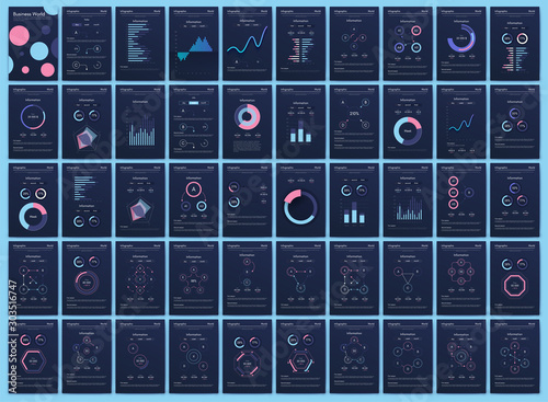 Modern infographic vector elements for business brochures. Use in website, corporate brochure, advertising and marketing. Pie charts, line graphs, bar graphs and timelines.