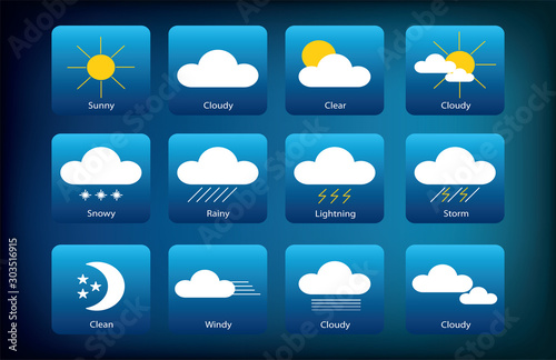 Set of Weather Icons. Meteorology illustrations. Blue gradient background.