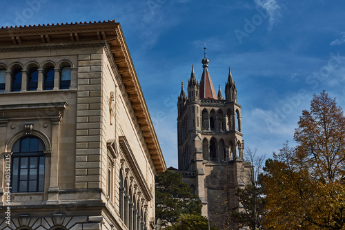 Lausanne Cathedral and the Rumine Palace from the Place de la Riponne. Switzerland photo