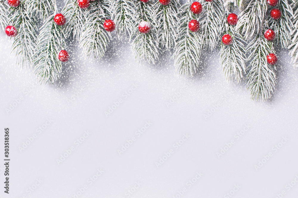 Whinter frame and happy new year with snow branches and red ball Whinter frame and happy new year with snow branches and red ball