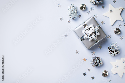 Fototapeta Naklejka Na Ścianę i Meble -  Christmas and happy new year flat lay silver card