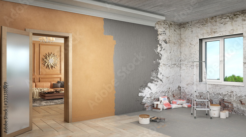One room is already renovated and the second room is in process of renovation, 3d illustration