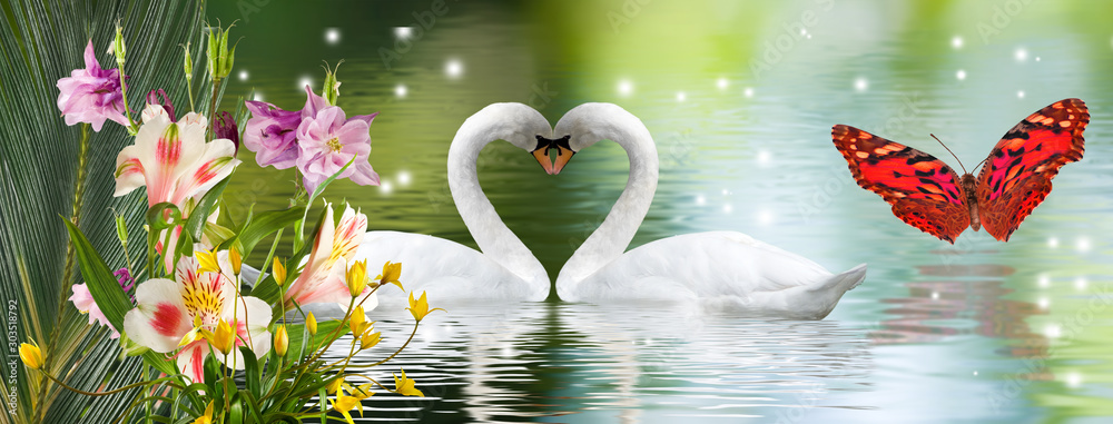 Φωτογραφία image of beautiful flowers and swans on the water close up