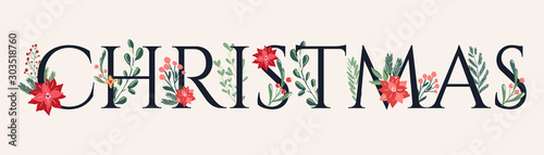 Christmas word horizontal banner greeting card, poster,banner decorated with hand drawn scandinavian style winter floral branches and flowers. Flyer,promotional banner, invitation template