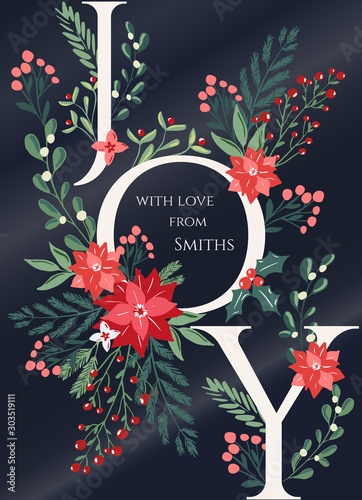 Christmas greeting card, poster with JOY word decorated with hand drawn scandinavian style winter floral branches and flowers. Flyer, banner, invitation template