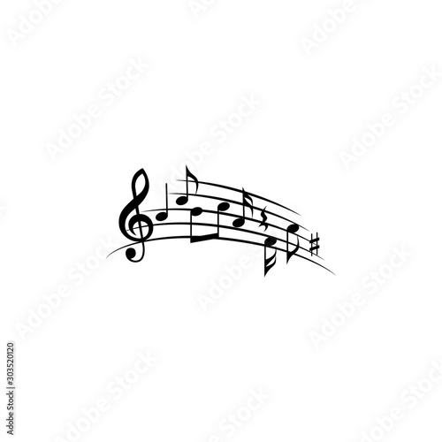 Music notes with curved staff. Black isolated vector.