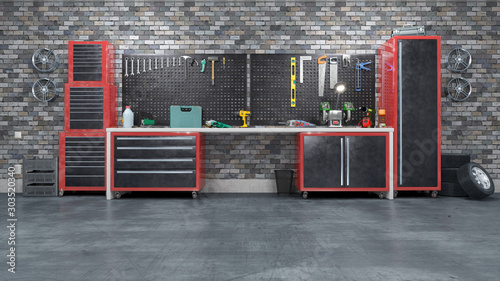 Fototapeta Naklejka Na Ścianę i Meble -  Garage interior with stend of tools. 3d illustration