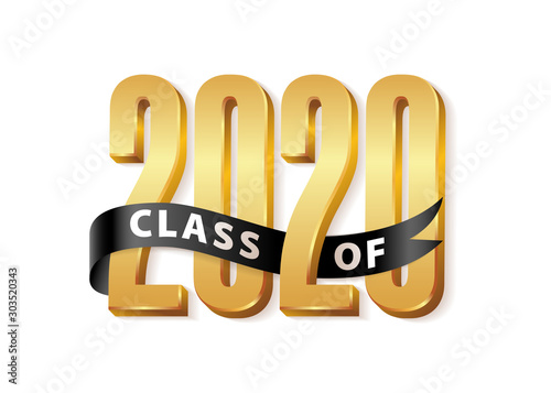 Class of 2020 Gold Lettering Graduation 3d logo with black ribbon. Template for graduation design, party, high school or college graduate, yearbook. Vector illustration