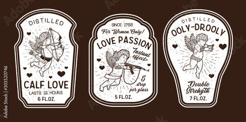 Set of romantic bottle labels for happy valentine s day with cupids. Love potions. Valentine s Day.