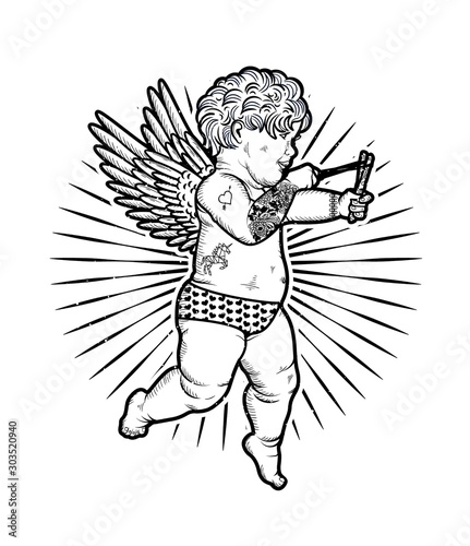 Cupid with Slingshot. Vector Illustration. Valentine s Day.