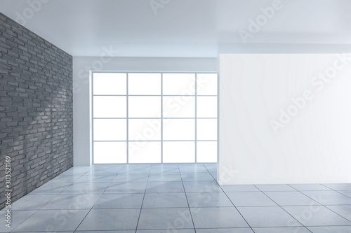White office interior with empty billboard. Mock up  3D Rendering.