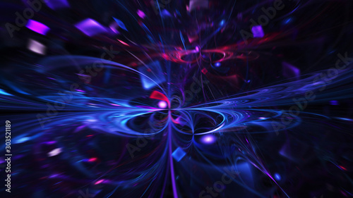 Abstract holiday background with blurred rays and sparkles. Fantastic violet and blue light effect. Digital fractal art. 3d rendering.