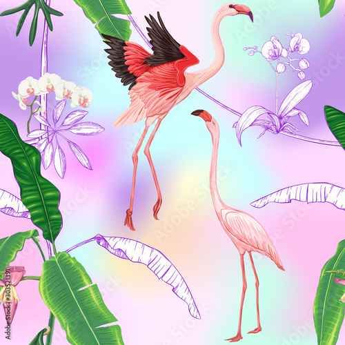 Seamless pattern, background. with tropical plants and flowers with white orchid and tropical birds In light ultra violet pastel mesh background. Colored and outline design. Vector illustration..