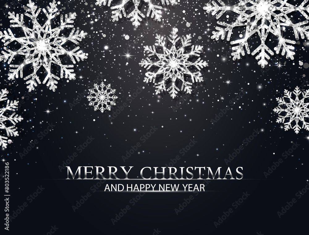 Christmas background with silver glitter snowflakes, falling particles, stars. Merry Christmas and Happy New Year banner. Luxury festive greeting card. Sparkling silver snowflake. Vector Illustration Christmas background with silver glitter snowflakes, falling particles, stars. Merry Christmas and Happy New Year banner. Luxury festive greeting card. Sparkling silver snowflake. Vector Illustration