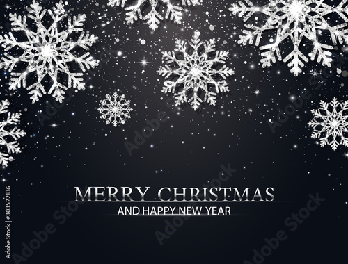 Christmas background with silver glitter snowflakes, falling particles, stars. Merry Christmas and Happy New Year banner. Luxury festive greeting card. Sparkling silver snowflake. Vector Illustration