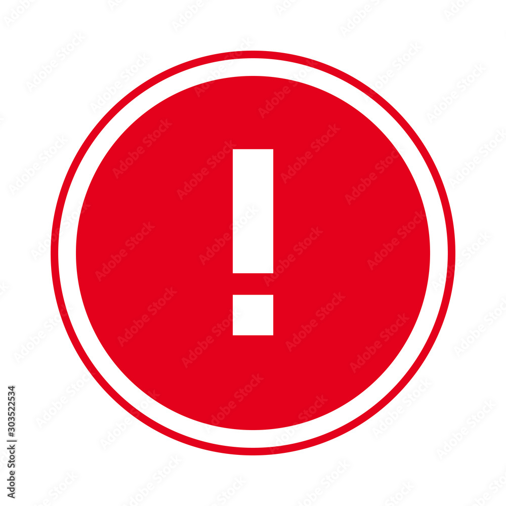 Round red exclamation point icon, button, attention symbol on white background Round red exclamation point icon, button, attention symbol on white background