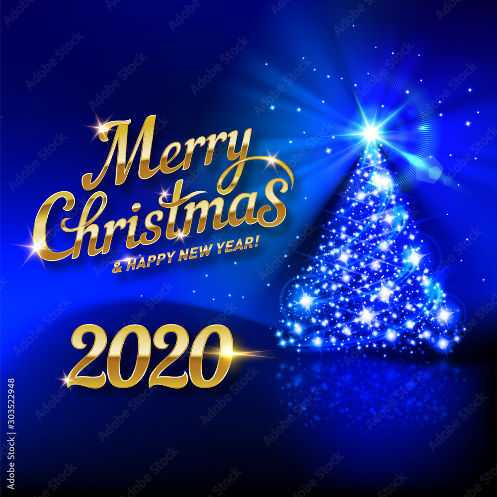 Festive Card with Bright Shining Lights of the Christmas Tree and the Inscription Golden Calligraphic Lettering Merry Christmas and Happy New Year Twenty Twenty on a Dark Blue Background Festive Card with Bright Shining Lights of the Christmas Tree and the Inscription Golden Calligraphic Lettering Merry Christmas and Happy New Year Twenty Twenty on a Dark Blue Background