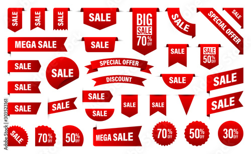 Sale and New Label collection set. Sale tags 30, 50, 70. Discount red ribbons, banners and icons. Shopping Tags. Sale icons. Red isolated on white background, vector illustration.