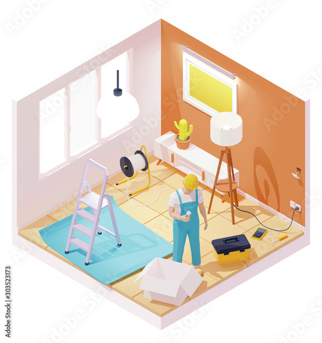 Vector isometric electrician working in house room. Electrician holding led light bulb, fixing socket or electric light switch, working with wires, installing or repairing lights