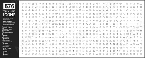 Big collection of 576 thin line icon. Web icons. Business, finance, seo, shopping, logistics, medical, health, people, teamwork, contact us, arrows, technology, social media, education, creativity. photo