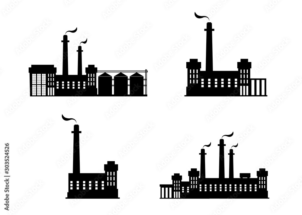 Icon set of factories or plants, black silhouettes of industrial buildings. Vector icon of metallurgical or chemical production in a flat style. Industrial factory concept isolated on white background