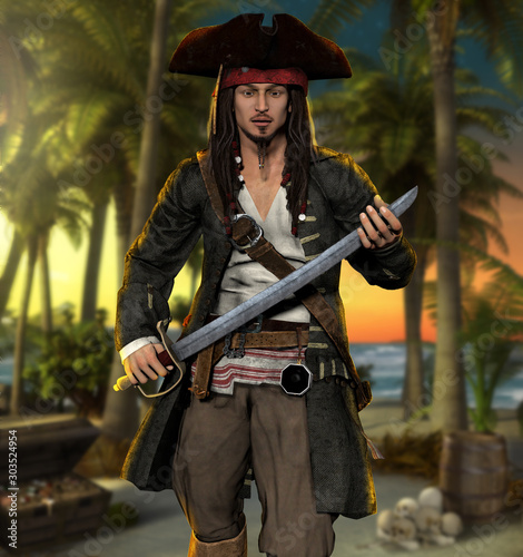 Proud swashbuckling pirate holding a sword photo