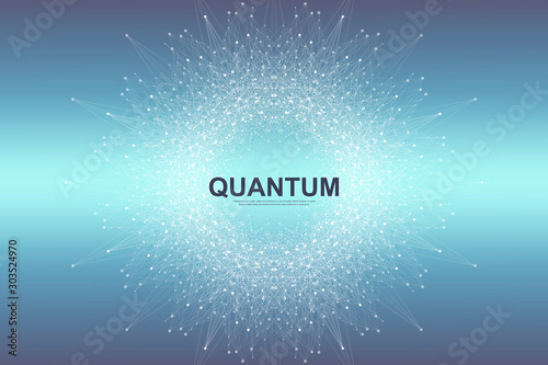 Quantum computer technology concept. Deep learning artificial intelligence. Big data algorithms visualization for business  science  technology. Waves flow  dots  lines. Quantum vector illustration.